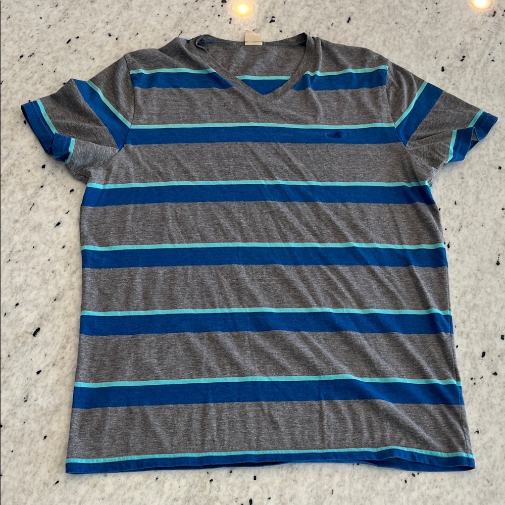 Hollister Gray and Blue Striped V-Neck Tee